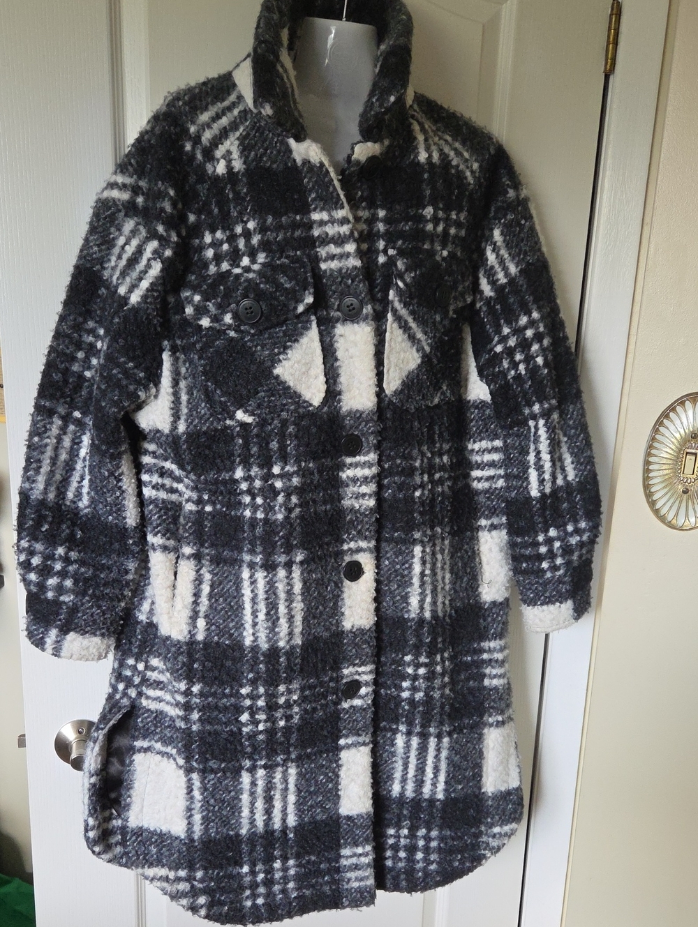 Calvin Klein Black & White Plaid Teddy Long Button-Up Coat